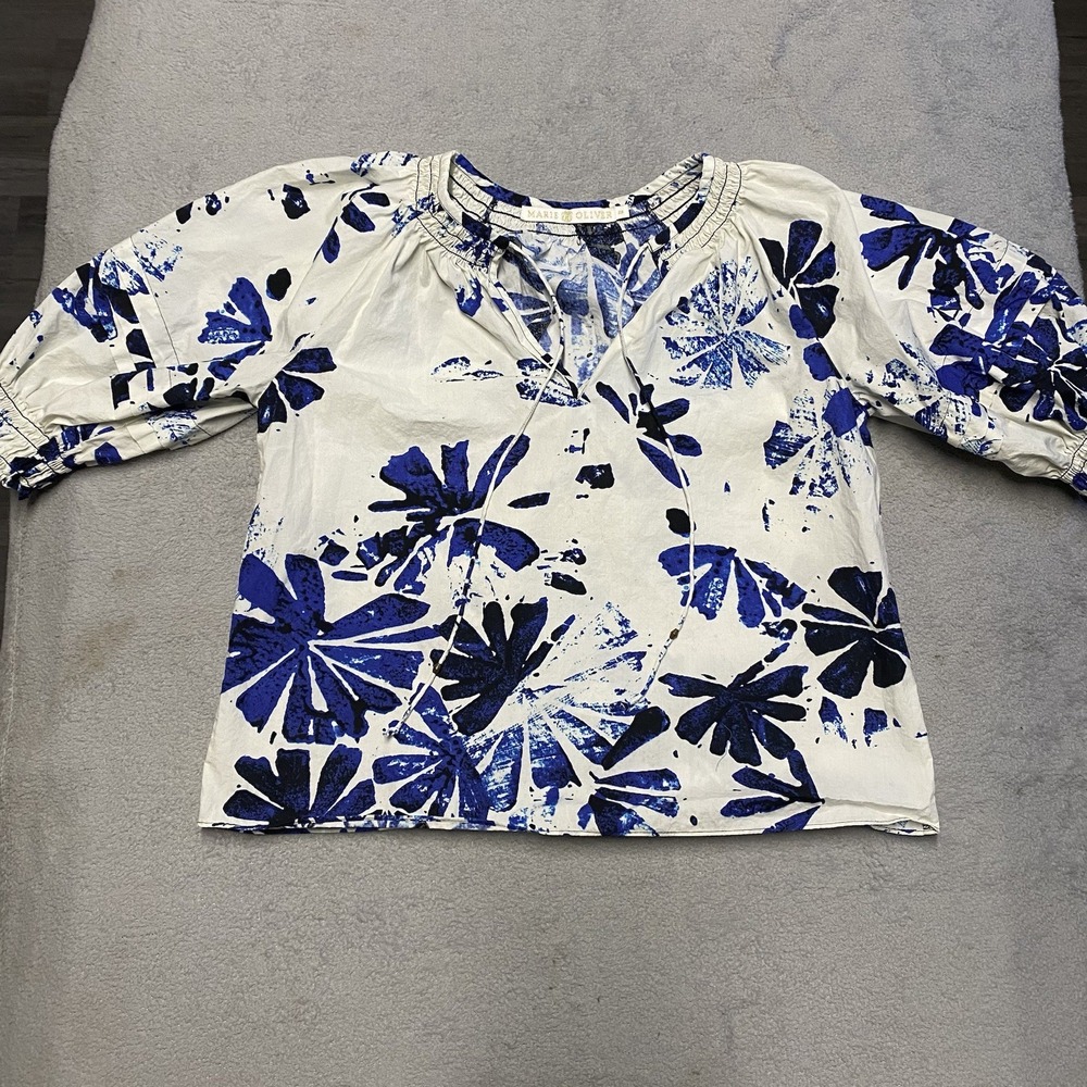 Marie Oliver Lara‎ Top XS Aloha White Blue Flower Floral V Neck